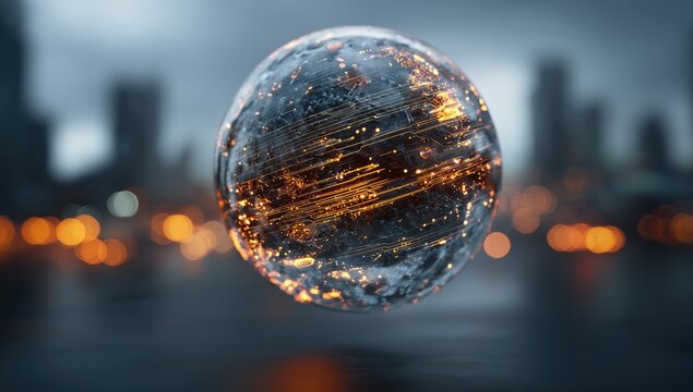 Futuristic orb of energy floating against a blurred cityscape, with glowing lights