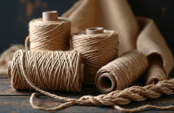 Bundles of jute rope and burlap thread spools sit on a rustic wooden surface. A natural fabric unfolds behind the coils. These items suggest crafts, packing, and natural textile materials.