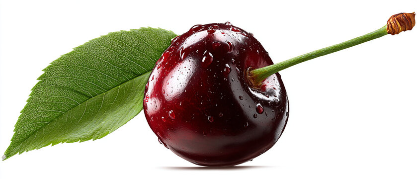 Isolated dark red cherry with water droplets and green leaf on white background