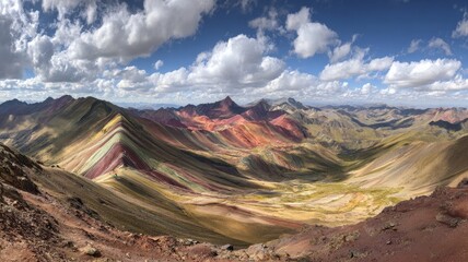 Colorful andean mountain landscape featuring the vibrant layered slopes of vinicunca rainbow mountain in the cusco region of peru under clear high-altitude skies