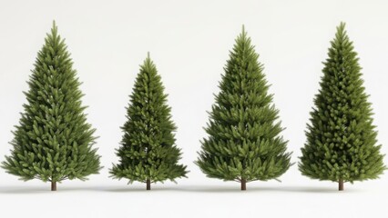 Obraz premium Realistic rendering of a row of four green evergreen coniferous trees, ideal for seasonal, nature, and holiday designs, on a clean background