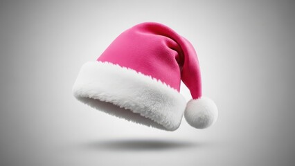 Pink santa hat with white fur pompom and trim, floating against a light background for festive holiday designs and seasonal cheer.