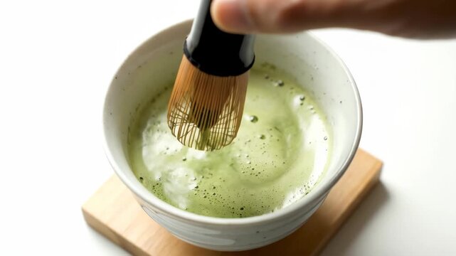Person whisking matcha tea in a ceramic bowl preparation