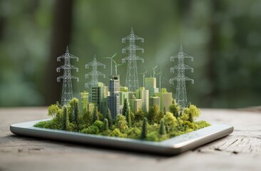 Digitally enhanced city model with eco-friendly infrastructure on a tablet, greenery visible