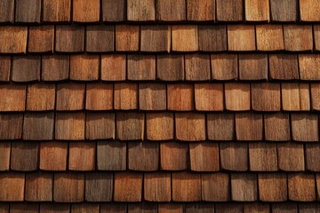 Close-up of overlapping brown wooden tiles, creating a patterned, textured surface