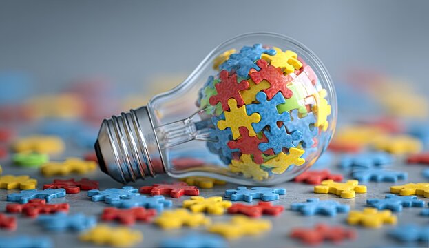 A clear lightbulb filled with colorful puzzle pieces, set against a blurred background