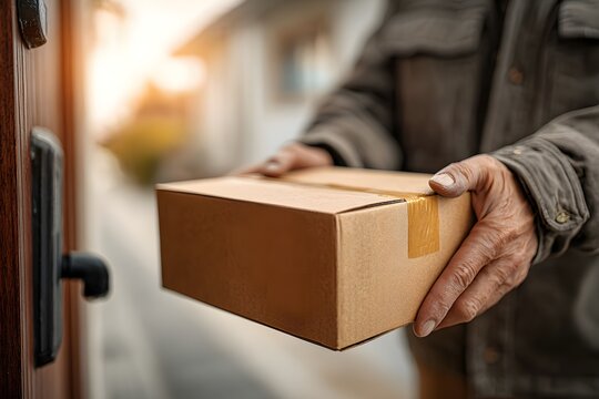 A delivery worker placing a package on a doorstep - Powered by Adobe