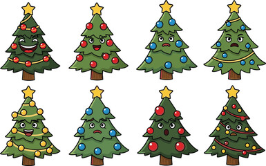 Cartoon Christmas trees with expressive faces, festive decorations, emotions, vector illustration, holiday mood, cute character design, flat style art