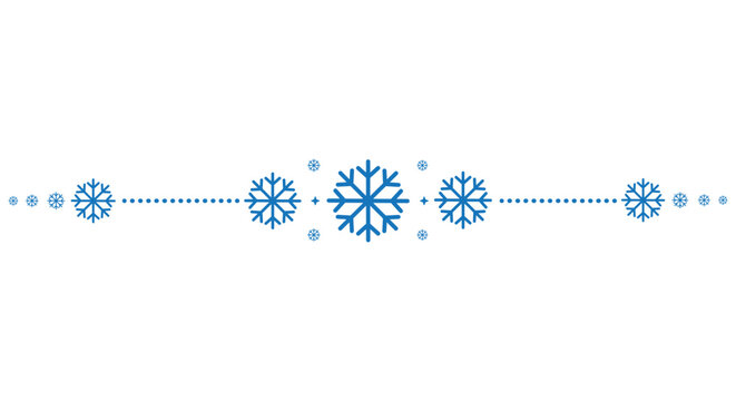 Decorative horizontal divider with blue snowflakes arranged around a central motif and dotted lines on a clean white background, perfect for winter invitations, greeting cards, web banners and holiday