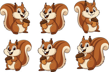 Cartoon squirrel with acorn, cute forest animal, smiling character, bushy tail, vector clipart set, front and side view, kids illustration, brown fur © Md
