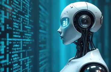 Robot with artificial intelligence looks at screen with programming code. Android head processes big data for machine learning development. Future tech bot with neural network studies cyber