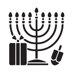 Hanukkah Icons Set with Menorah, Dreidel, and Gift Box