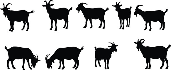 Collection of black goat silhouette illustrations, farm animal vector, livestock icon set, grazing goats artwork, perfect for rural themed design
