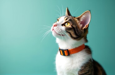 Tabby cat with bright yellow eyes wears orange collar looking upwards inquisitively. White chest fur contrasts with striped brown, black markings on face, body. White whiskers fan out from pink nose.