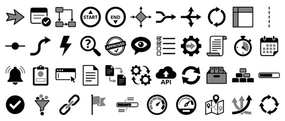 Business process solid icon set. containing workflow, start, end