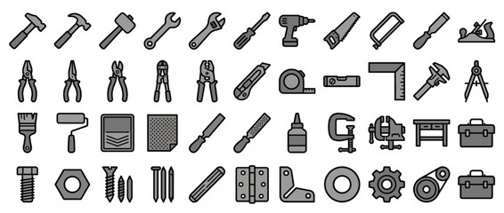 Tool and equipment solid icon set. containing hammer, wrench, sc