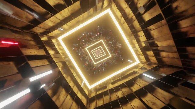 Abstract glowing neon square tunnel with metallic textured walls, digital futuristic cyberspace concept