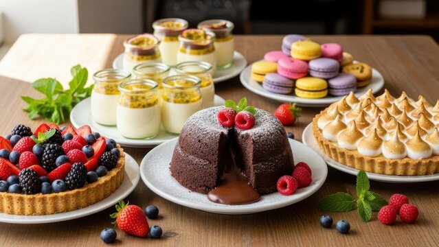 An assortment of delectable desserts featuring tarts, macarons, puddings, and a chocolate lava - Powered by Adobe