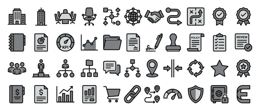 Business and office solid icon set. containing report, organizat