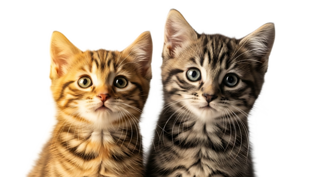 Two adorable tabby kittens with expressive eyes looking directly at the camera on a transparent background