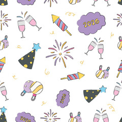 New year seamless pattern doodle hand drawn vector isolated. Firework, confetti, wine, decoration clip art for illustration, print, wrapping paper