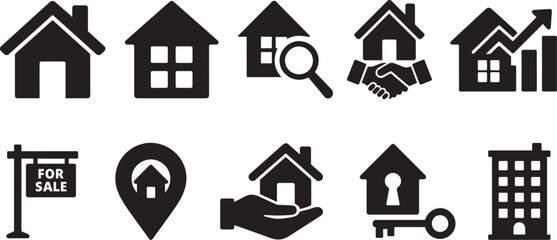 Silhouette real estate icon set featuring house, building, rent, sale, map, and property symbols.