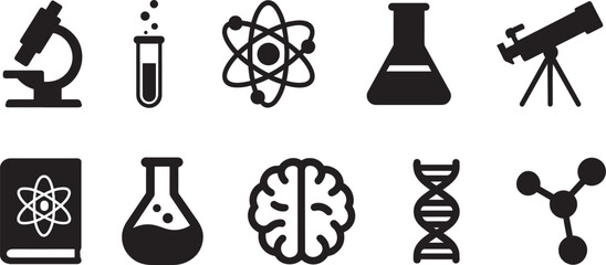 Silhouette science set icons featuring lab tools, atoms, formulas, experiments, and research symbols.