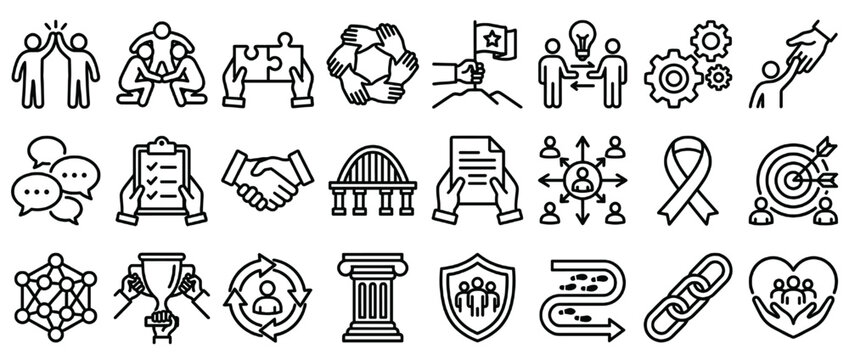 Business and leadership solid icon set. containing teamwork, pla