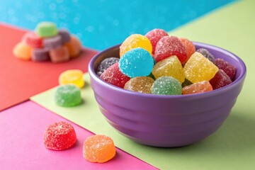 Colorful Gummy Candies in a Purple Bowl on a Vibrant Background