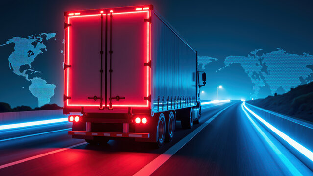 High tech truck driving on highway at night, illuminated by neon lights, with digital world map in background, symbolizing global logistics - Powered by Adobe