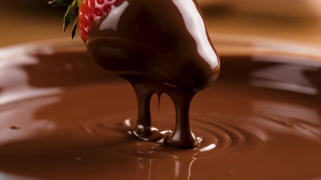 Strawberry dipped into rich chocolate fondue close up view