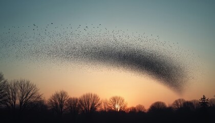 Obraz premium Thousands of starlings fly in a large flock formation at dusk. Birds create abstract shape against orange sky over bare trees. Natural wildlife spectacle at sunset.