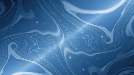 A blue and white abstract pattern with swirling lines and glowing points in the foreground and background.