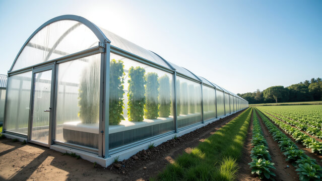 Modern greenhouse with vertical gardens, sunlight illuminating structure, surrounded by rows of green crops, showcasing sustainable agriculture