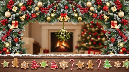 Christmas decorations with a fireplace and a Christmas tree in the background.