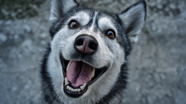 Playful Siberian Husky with striking blue eyes captures the wild spirit and joyful energy of this iconic northern breed against a blurred rocky background