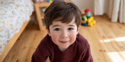 Fototapeta premium Young boy smiling at camera in a room with wooden floor and toys.