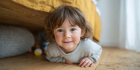 Baby crawling under bed.