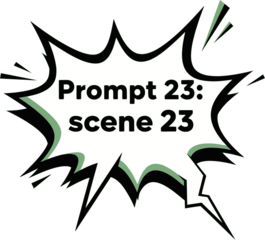 A comic book style speech bubble graphic with "Prompt 23: scene 23" text inside.