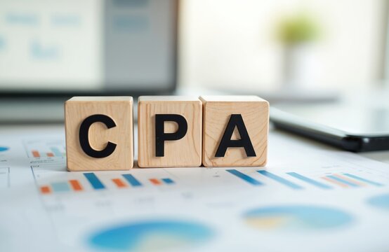 Wooden blocks spell CPA above financial charts and graphs on a desk. Laptop and phone visible. Represents accounting services and business analytics.