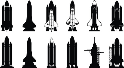 Collection of space shuttle and rocket launch silhouettes, vector icons for aerospace technology, spacecraft design, © Md