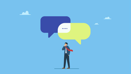 Businessman think from listening to second opinion and make decision. Second opinion, suggestion or advice to consider, reason or logical thinking, information to make decision or judgement.