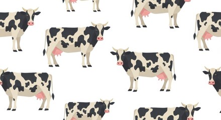 Seamless pattern illustration of classic black and white cows on a clean white backdrop