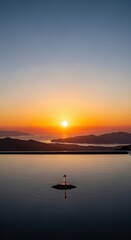 Serene dawn reflections: A calming infinity pool mirroring a vibrant sunrise over distant hills