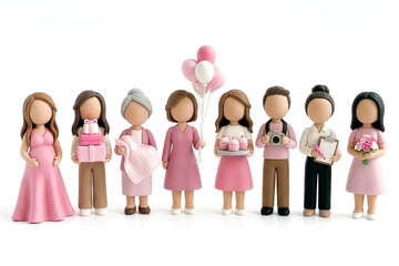 3D Figuren -  in rosafarbener Kleidung die zu einer Babyparty gekommen sind