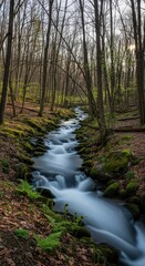 Obraz premium Serene forest stream: Capturing nature's tranquil beauty with soft cascading water in a wooded