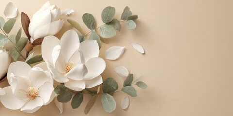 Elegant white magnolia flowers with soft green leaves arrangement