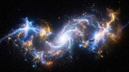 A vibrant, colorful nebula with a starburst pattern, set against a dark, star-studded background.