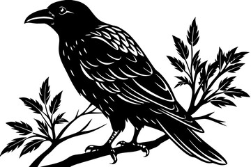 Naklejka premium Black silhouette of a raven perched on a branch with leaves crow bird