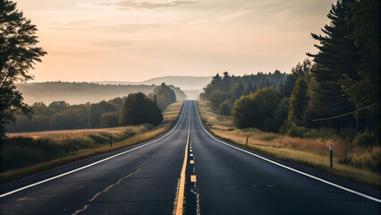 Long Empty Asphalt Road Through Forest at Dawn with Mist and Soft Sunlight